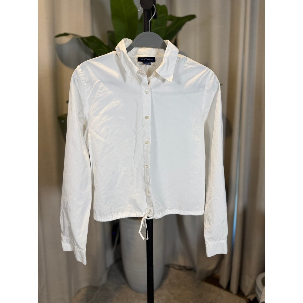Ann Taylor Womens White Cotton Drawstring Hem Button Down Shirt Size M